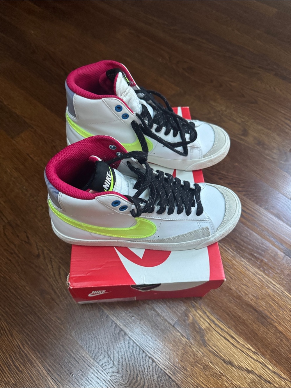 Nike Kids White High-Top Sneakers with Neon Yellow Swoosh and Pink Lining